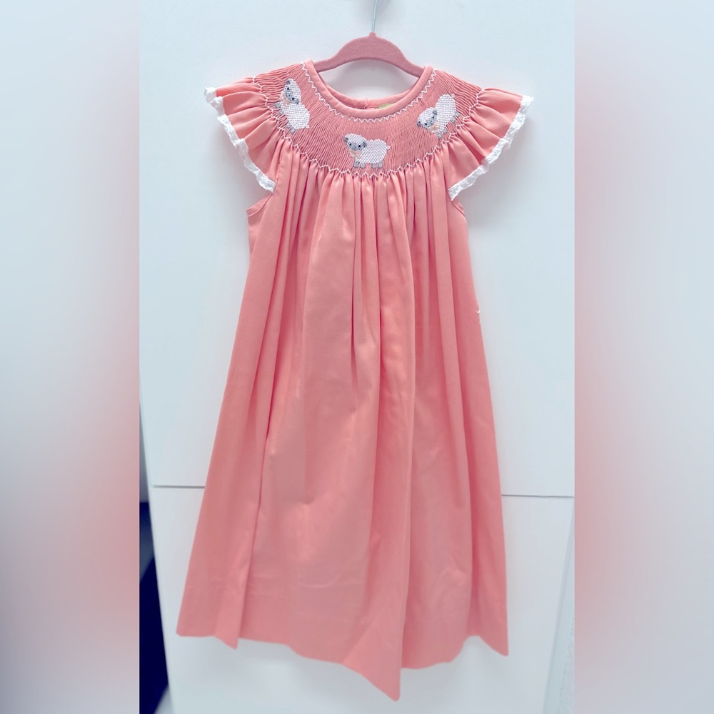 Cute Lamb Smocked Dress - Peach Pique